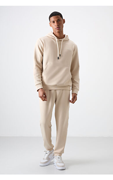 Bej Pamuklu Kalın Yumuşak Dokulu Comfort Fit Nakışlı Erkek Eşofman Takım - 85255