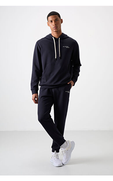 Lacivert Pamuklu Kalın Yumuşak Dokulu Comfort Fit Nakışlı Erkek Eşofman Takım - 85255