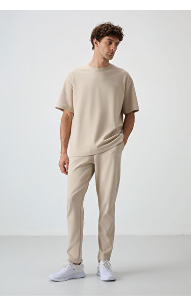 Bej Pamuklu Kalın Yumuşak Dokulu Oversize Fit Nakışlı Erkek Eşofman Takım - 85252