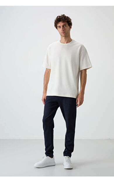 Ekru - Lacivert Pamuklu Kalın Yumuşak Dokulu Oversize Fit Basic Erkek Eşofman Takım - 85251