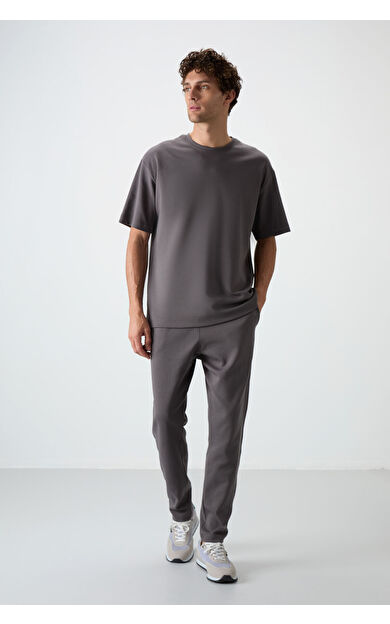 Koyu Gri Pamuklu Kalın Yumuşak Dokulu Oversize Fit Basic Erkek Eşofman Takım - 85251