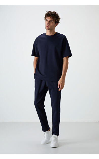 Lacivert Pamuklu Kalın Yumuşak Dokulu Oversize Fit Basic Erkek Eşofman Takım - 85251