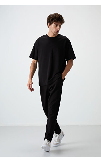Siyah Pamuklu Kalın Yumuşak Dokulu Oversize Fit Basic Erkek Eşofman Takım - 85251
