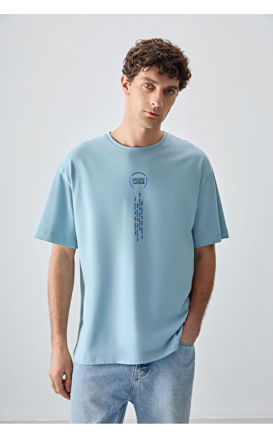Açık Mavi %100 Pamuk Kalın Yumuşak Dokulu Oversize Fit Baskılı Erkek T-Shirt - 88355