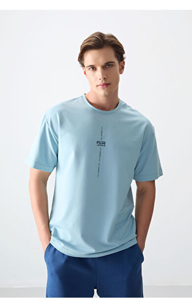 Açık Mavi Pamuklu Kalın Yumuşak Dokulu Oversize Fit Baskılı Erkek T-Shirt - 88373