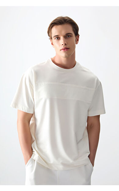 Ekru Pamuklu Kalın Yumuşak Dokulu Oversize Fit Basic Erkek T-Shirt - 88378