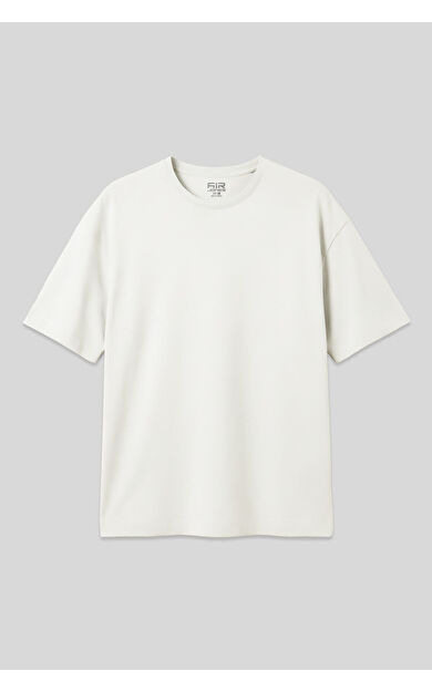 Ekru Pamuklu Kalın Yumuşak Dokulu Oversize Fit Basic Erkek T-Shirt - 88377
