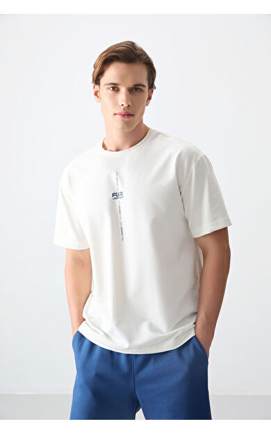 Ekru Pamuklu Kalın Yumuşak Dokulu Oversize Fit Baskılı Erkek T-Shirt - 88373