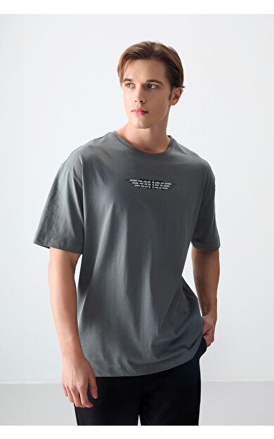 Haki %100 Pamuk Kalın Yumuşak Dokulu Oversize Fit Baskılı Erkek T-Shirt - 88356