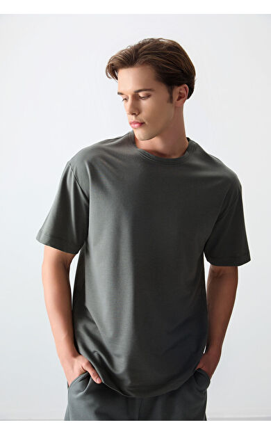 Air Jones Haki Pamuklu Kalın Yumuşak Dokulu Oversize Fit Basic Erkek T-Shirt - 88377