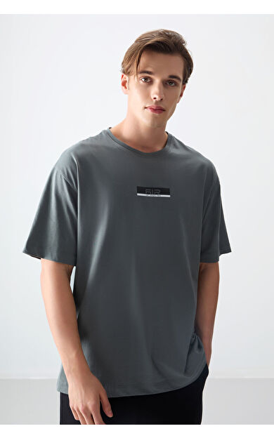 Haki %100 Pamuk Kalın Yumuşak Dokulu Oversize Fit Baskılı Erkek T-Shirt - 88359
