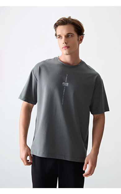 Haki Pamuklu Kalın Yumuşak Dokulu Oversize Fit Baskılı Erkek T-Shirt - 88373