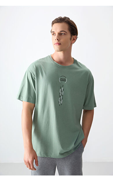 Açık Yeşil %100 Pamuk Kalın Yumuşak Dokulu Oversize Fit Baskılı Erkek T-Shirt - 88355