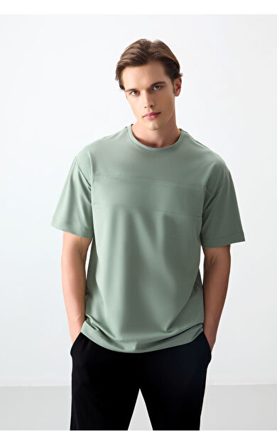 Açık Yeşil Pamuklu Kalın Yumuşak Dokulu Oversize Fit Basic Erkek T-Shirt - 88378