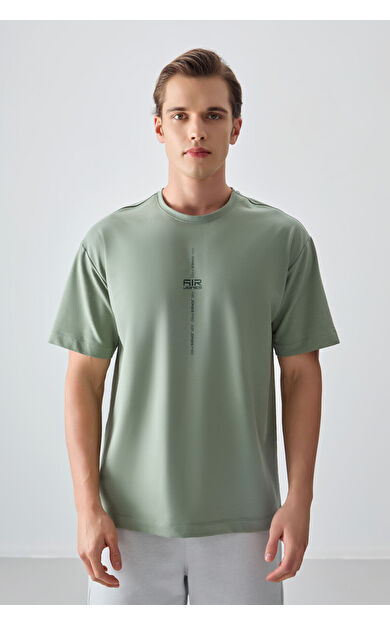 Açık Yeşil Pamuklu Kalın Yumuşak Dokulu Oversize Fit Baskılı Erkek T-Shirt - 88373