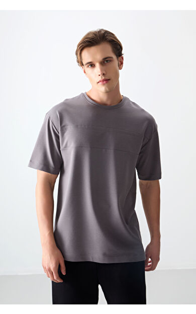 Koyu Gri Pamuklu Kalın Yumuşak Dokulu Oversize Fit Basic Erkek T-Shirt - 88378