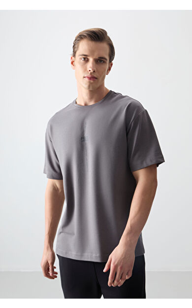Koyu Gri Pamuklu Kalın Yumuşak Dokulu Oversize Fit Baskılı Erkek T-Shirt - 88373