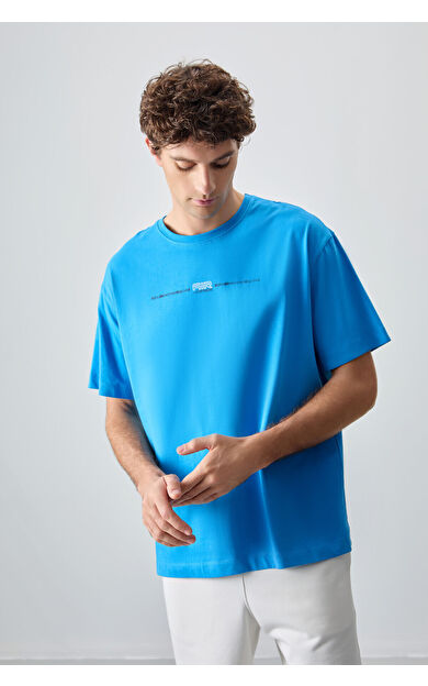 Petrol Mavi %100 Pamuk Kalın Yumuşak Dokulu Oversize Fit Baskılı Erkek T-Shirt - 88357