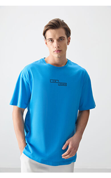 Petrol Mavi %100 Pamuk Kalın Yumuşak Dokulu Oversize Fit Baskılı Erkek T-Shirt - 88361
