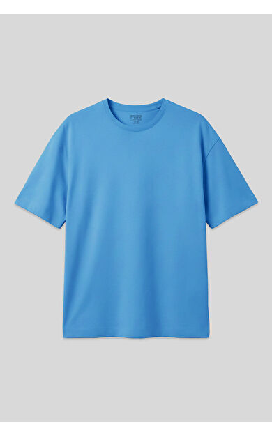 Petrol Mavi Pamuklu Kalın Yumuşak Dokulu Oversize Fit Basic Erkek T-Shirt - 88377