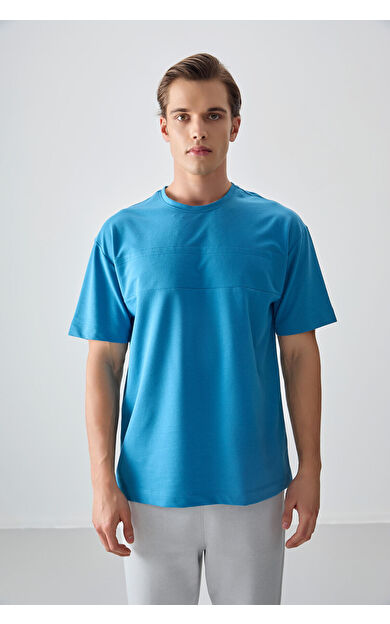 Petrol Mavi Pamuklu Kalın Yumuşak Dokulu Oversize Fit Basic Erkek T-Shirt - 88378