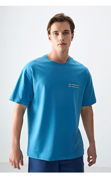 Petrol Mavi Pamuklu Kalın Yumuşak Dokulu Oversize Fit Baskılı Erkek T-Shirt - 88375