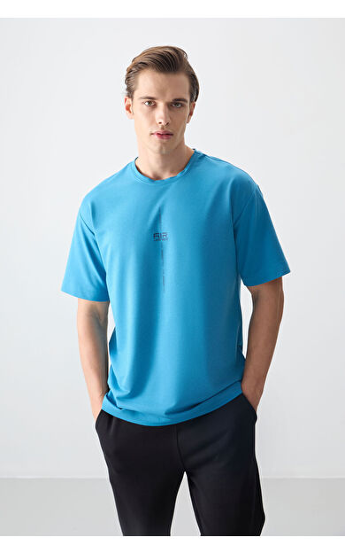 Petrol Mavi Pamuklu Kalın Yumuşak Dokulu Oversize Fit Baskılı Erkek T-Shirt - 88373