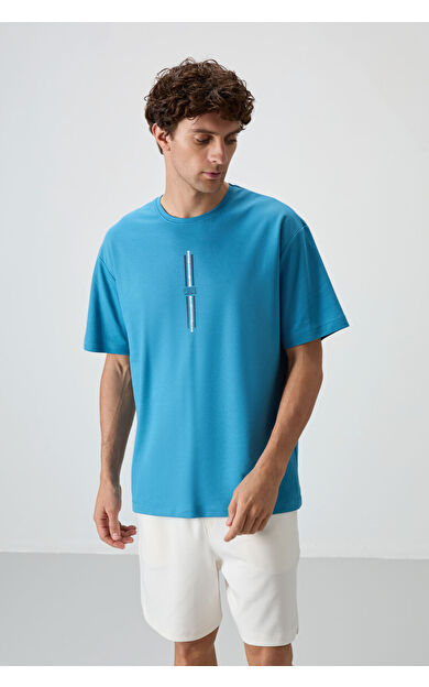 Petrol Mavi Pamuklu Kalın Yüzeyi Dokulu Oversize Fit  Baskılı Erkek T-Shirt - 88366