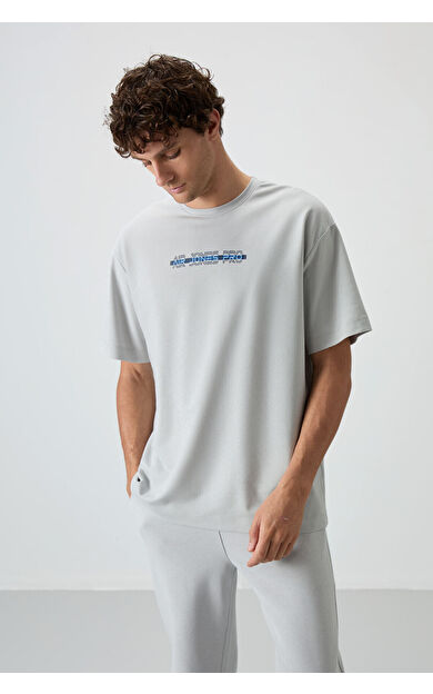 Taş Pamuklu Kalın Yüzeyi Dokulu Oversize Fit  Baskılı Erkek T-Shirt - 88365