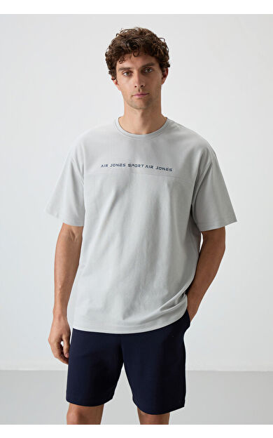Taş Pamuklu Kalın Yüzeyi Dokulu Oversize Fit  Baskılı Erkek T-Shirt - 88371