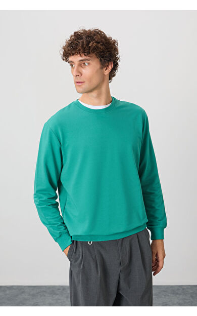 Deniz Yeşili Pamuk Yumuşak Dokulu Standart Fit Basic Erkek Sweatshirt - 88363