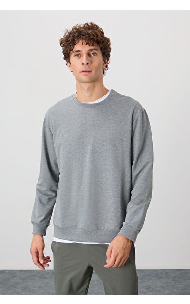 Gri Melanj Pamuk Yumuşak Dokulu Standart Fit Basic Erkek Sweatshirt - 88363