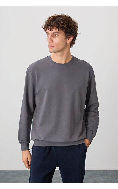Koyu Gri Pamuk Yumuşak Dokulu Standart Fit Basic Erkek Sweatshirt - 88363