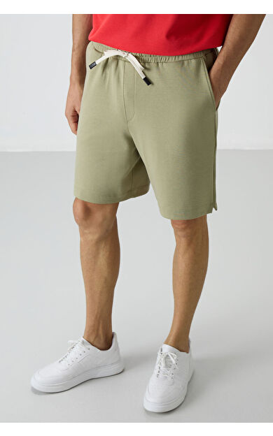 Açık Çağla Pamuklu Kalın Yumuşak Dokulu Comfort Fit Basic Erkek Şort - 81274