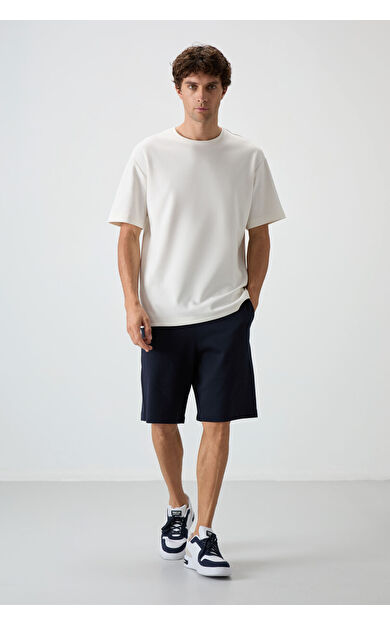 Ekru - Lacivert Pamuklu Kalın Yumuşak Dokulu Oversize Fit Basic Erkek Şort Takım - 85249