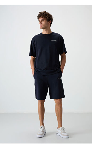 Lacivert Pamuklu Kalın Yumuşak Dokulu Oversize Fit Nakışlı Erkek Şort Takım - 85250