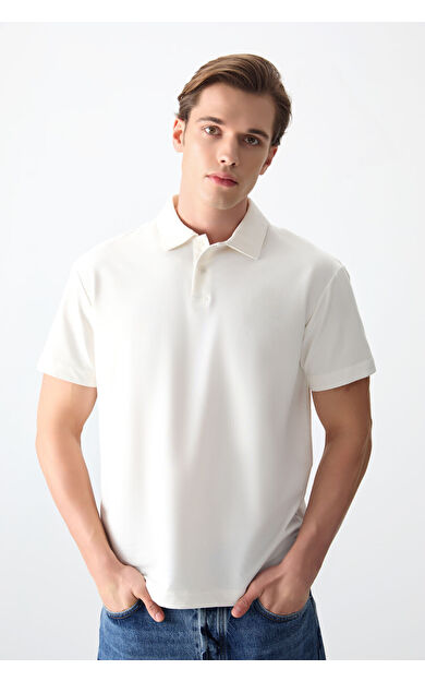 Ekru Pamuklu Kalın Yumuşak Dokulu Polo Yaka Oversize Fit Basic Erkek T- Shirt - 88381