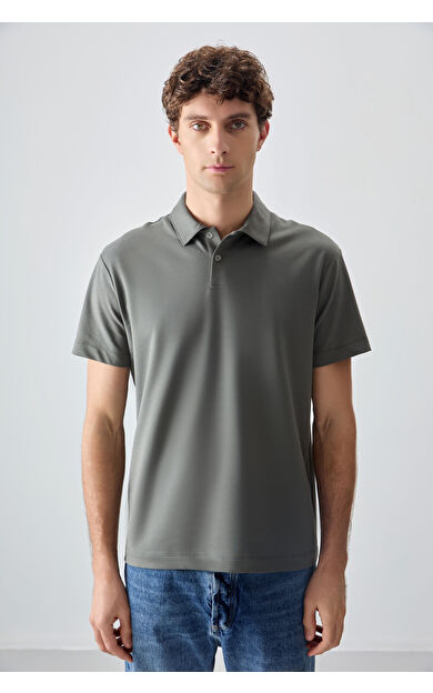 Haki Pamuklu Kalın Yumuşak Dokulu Polo Yaka Oversize Fit Basic Erkek T- Shirt - 88381