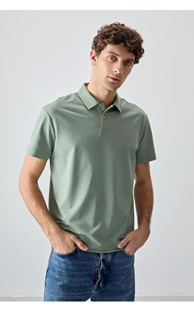 Açık Yeşil Pamuklu Kalın Yumuşak Dokulu Polo Yaka Oversize Fit Basic Erkek T-Shirt - 88381