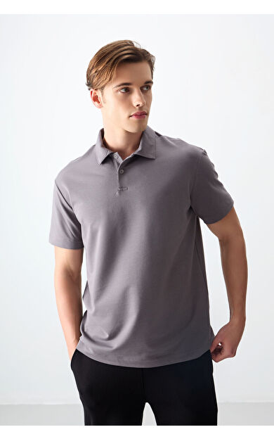 Koyu Gri Pamuklu Kalın Yumuşak Dokulu Polo Yaka Oversize Fit Basic Erkek T- Shirt - 88381