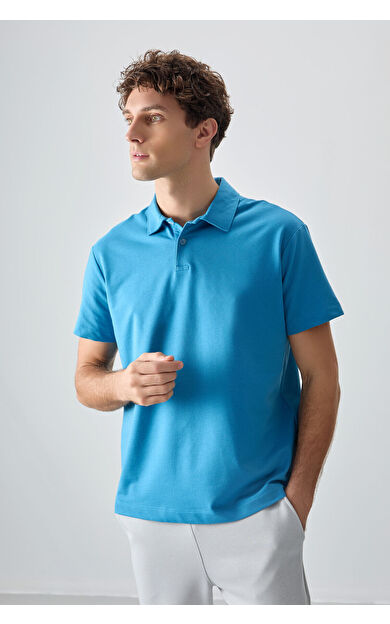 Petrol Mavi Pamuklu Kalın Yumuşak Dokulu Polo Yaka Oversize Fit Basic Erkek T- Shirt - 88381