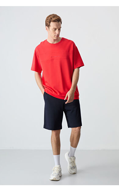 Fiesta Lacivert Pamuklu Kalın Yumuşak Dokulu Oversize Fit Basic Erkek Şort Takım - 85257
