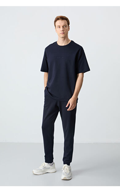 Lacivert Pamuklu Kalın Yumuşak Dokulu Oversize Fit Basic Erkek Eşofman Takım - 85261
