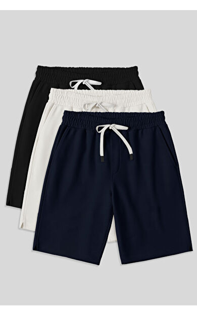 Comfort Fit Basic 3lü Paket Siyah-Lacivert-Ekru Erkek Şort - 81274
