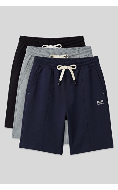 Standart Fit Basic 3lü Paket Lacivert-Siyah-Gri Melanj Erkek Şort - 81277