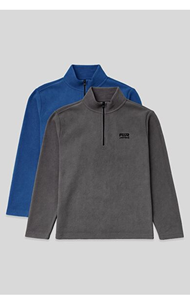 Standart Kalıp Dik Yaka 2li Paket Koyu Gri-Parlament Erkek Polar Sweatshirt - 88310