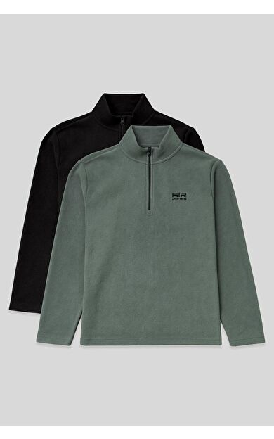 Standart Kalıp Dik Yaka 2li Paket Siyah-Çağla Erkek Polar Sweatshirt - 88310