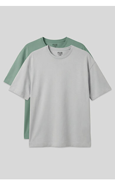 Oversize Fit Basic 2li Paket Taş-Açık Yeşil Erkek T-Shirt - 88353