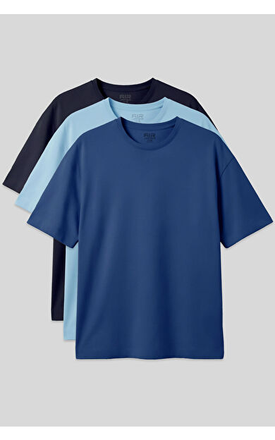 Basic Oversize O Yaka 3lü Paket Lacivert-Açık Mavi-Parlament Erkek T-Shirt - 88377