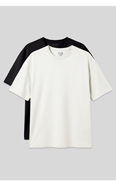 Basic Oversize O Yaka 2li Paket Siyah-Ekru Erkek T-Shirt - 88377